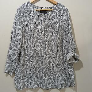 Tahari Shirt Womens 1X White Black Linen Leaf Print Button Front Tunic Top